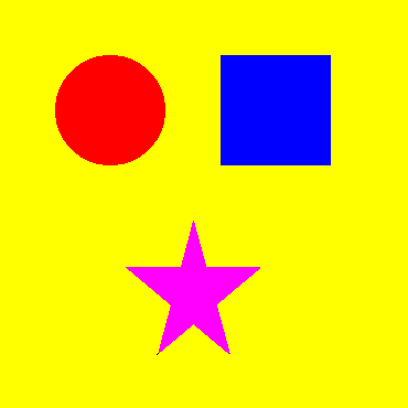 [A picture with a red circle, a blue square, a magenta star, and a yellow background.]